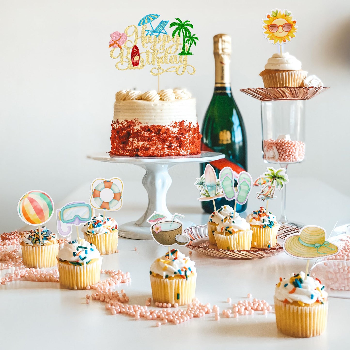 37Pcs Summer Beach Pool Cupcake Toppers Glitter Beach Happy Birthday Cake Topper Ball Sun Umbrella Water Gun Cupcake Picks for Tropical Hawaii Theme Birthday Party Decorations Supplies Gold (Gold 3)