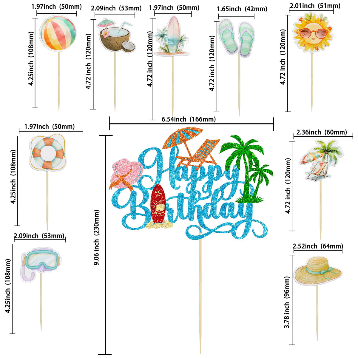 37Pcs Summer Beach Pool Cupcake Toppers Glitter Beach Happy Birthday Cake Topper Ball Sun Umbrella Water Gun Cupcake Picks for Tropical Hawaii Theme Birthday Party Decorations Supplies Blue (Blue 3)