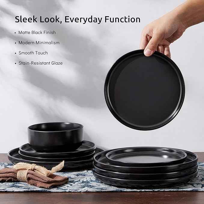 E-far Stoneware Dinnerware Sets for 2, 6-Piece Plates and Bowls Set, Modern Ceramic Dishes Dinning Ware, Microwave & Dishwasher Safe - Matte Black