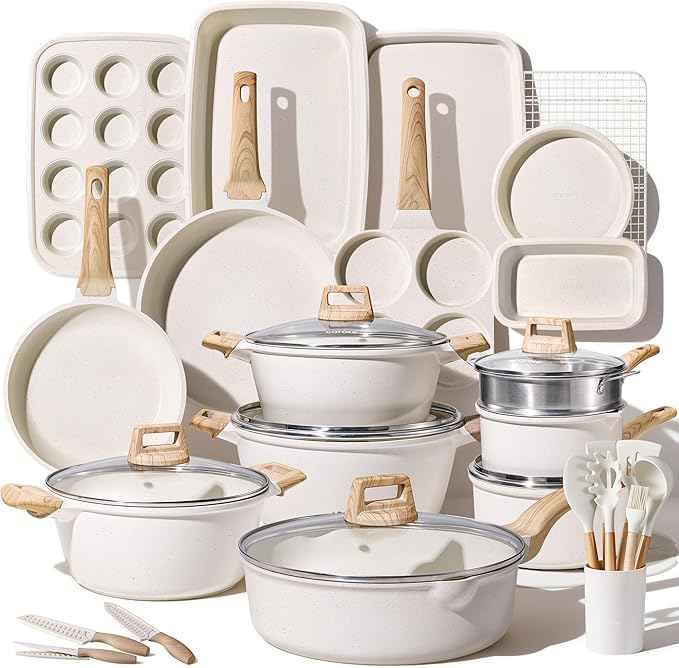 CAROTE 44pcs Pots and Pan Set Nonstick, Cookware Sets, Cooking Set Non Stick, Induction Cook Ware with Bakeware Set, Kitchen Knife Set