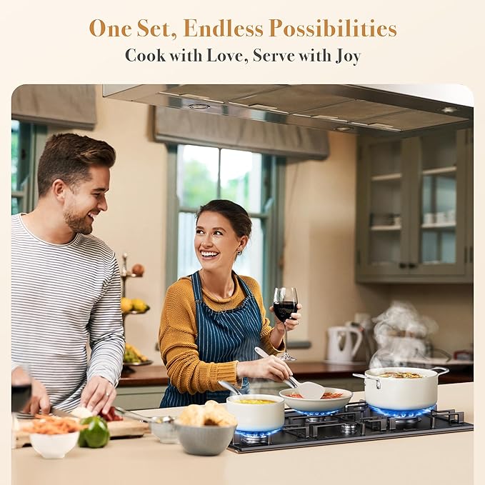 PekGema Ceramic Pots and Pans Set, 16 Pcs Cookware Set Non Toxic, Nonstick Kitchen Cookware, Oven Safe Cooking Pan Set, PFAS PTFE PFOA FREE,Compatible with All Cooktops, comfortable handle.Cream White