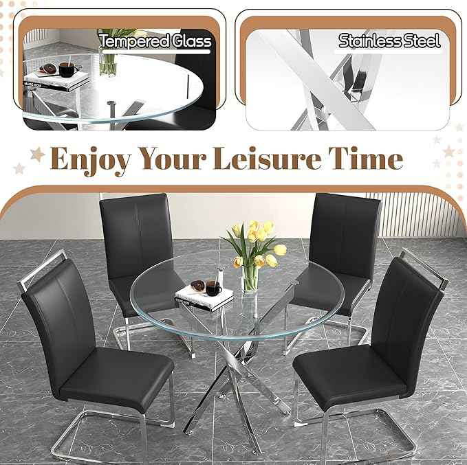 AF ARTISAN FURNITURE 36" Round Glass Dining Table for 4, Stainless Steel Legs & Tempered Glass Top, Modern Circle Leisure Table for Home Office Kitchen Dining Room Small Spaces (Silver Legs)