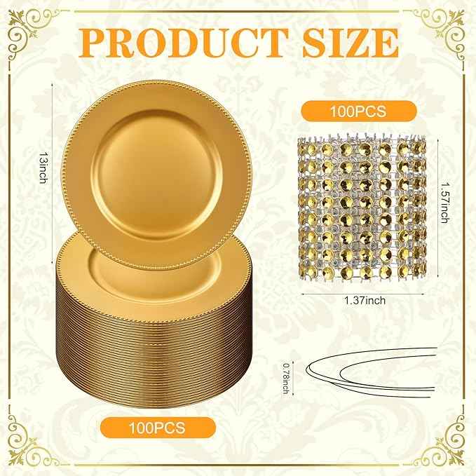 200pcs Gold Charger Plates With Napkin Rings Set Include 100 Gold Beaded Charger Plates 100 Napkin Rings, 13 Inch Plastic Round Chargers for Dinner, Wedding, Birthday, Party, Banquet, Table Setting