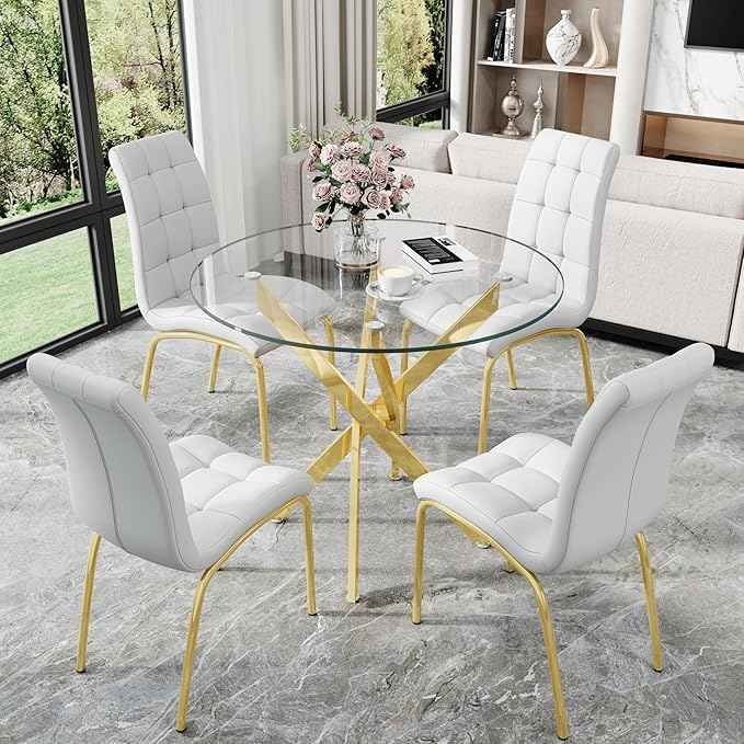 5 Piece Round Glass Dining Table Set, Round Tempered Glass Kitchen Tables Set for 4, Modern Table Set with 4 High-Back Upholstered Chairs for Kitchen Dining Room (Gold Legs, 4 White Chairs)