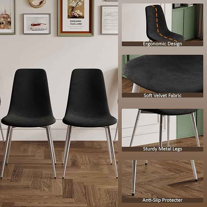AF ARTISAN FURNITURE 36" Round Glass Dining Table Set for 4, 5-Piece Modern Kitchen Table with 4 Black Scoop Velvet Chairs, Modern Circle Leisure Table for Home Office Dining Room (Silver Leg)