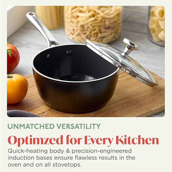 Orfeo 2.4QT Nonstick Saucepan with Lid, Made in Italy, Diamond Ceramic PFAS-Free Cookware, Induction Ready, Scratch Resistant, Laser-Fused Surface for Durability, Dishwasher Safe, Black
