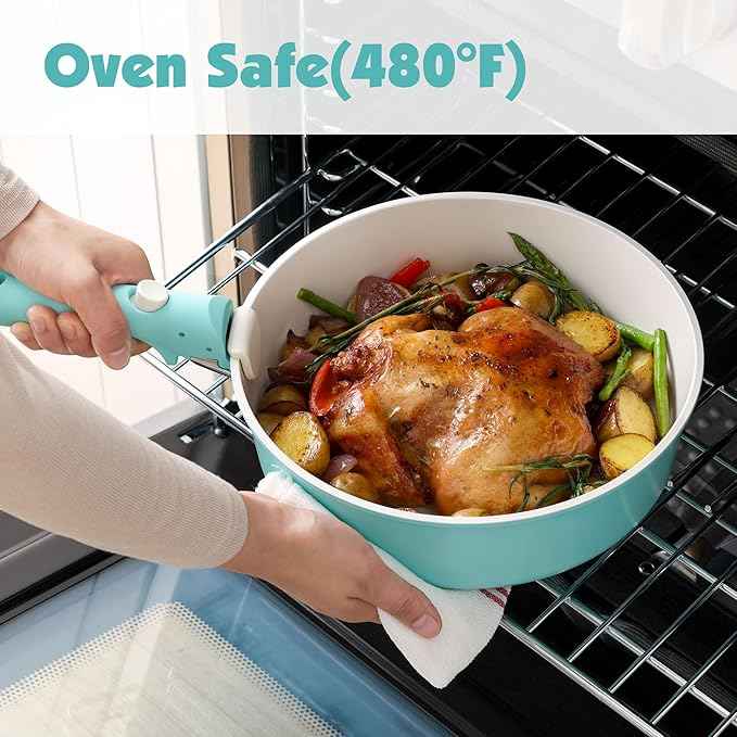 SENSARTE 24 Piece Ceramic Pots and Pans Set, Nonstick Detachable Handle Cookware, Induction Cookware Set with Removable Handle, Healthy Non Stick for RV, Dishwasher＆Oven Safe, PFOA Free (Turquoise)