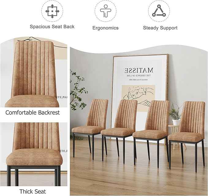 Modern Dining Chairs Set of 6 Kitchen Chairs Set Leathaire Fabric Chair with Metal Leg High Back Upholstered Chair for Dinner Room, Waiting Room(Set of 6, Brown)