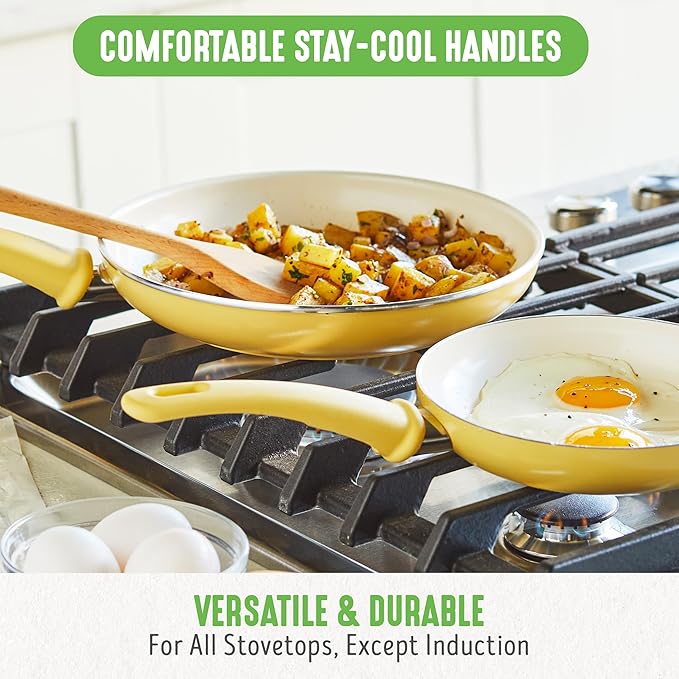 GreenLife Soft Grip Healthy Ceramic Nonstick 18 Piece Kitchen Cookware Pots and Frying Sauce Saute Pans Set, PFAS-Free with Kitchen Utensils and Lid, Dishwasher Safe, Yellow