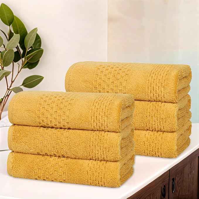 Superior Playa Zero Twist Cotton Medium Weight Towels, for Kitchen, Bathroom, Shower, Spa, Plush, Quick Dry, Ultra-Soft Towels, Bath Essentials, Waffle Textured, Absorbent Hand Towels, Set of 6, Gold