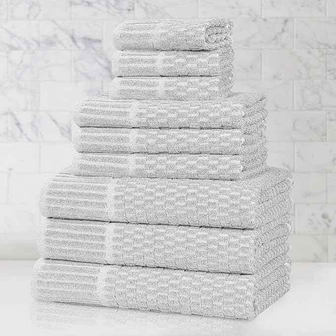 Superior Juno Viscose Cotton Blend Medium Weight Towels, for Bathroom, Shower, Spa, Plush, Quick Dry, Ultra-Soft Towels, Bath Essentials, Border Detail, 9 Piece Assorted Towel Set, Platinum