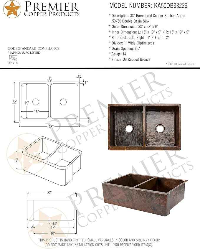 Premier Copper Products KA50DB33229 33-Inch Hammered Copper Kitchen Apron 50/50 Double Basin Sink, Oil Rubbed Bronze