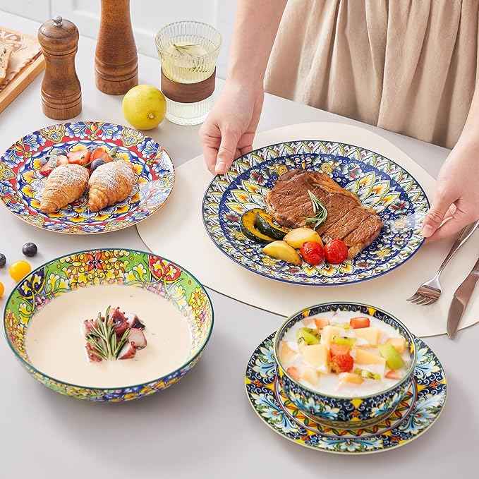 vancasso 24 Pieces Dinnerware Sets, Plates and Bowls Set, Porcelain Dishes Set for 6, Microwave and Dishwasher Safe, Scratch Resistant, Bohemian Style Dining Ware Service for 6, Series SIMI
