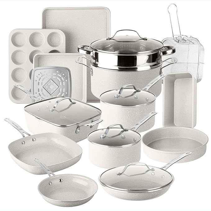 Granitestone Ceraluxe 20 Pc Ceramic Cookware Set Nonstick, Complete Pots and Pans Set Non Stick with 5 Pc Bakeware Set, Deep Frying Pan Set, & Steamer, Non Toxic PFOA Free, Oven & Dishwasher Safe