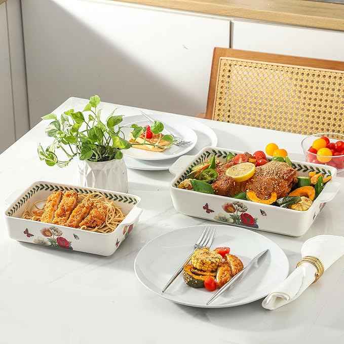 Ceramic Papaver rhoeas Baking Casserole Dish with Handles, Large 2 pieces 8x13 inch & 6x10 inch Lasagna Baking Dish and Middle Flower Andplant Baking Pan,Porcelain Serving Bakeware Set