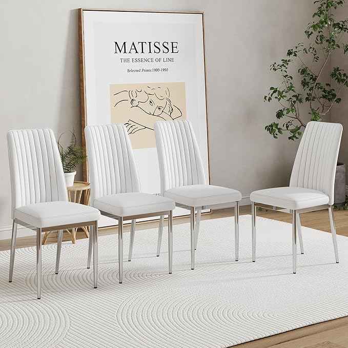 White Dining Chairs Set of 4 Modern Kitchen Chairs Set PU Leather Chair with Chrome Legs Armless Upholstered Chair for Dinner Room, Waiting Room(Set of 4, White)