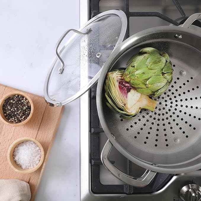 Sur La Table Kitchen Essentials Chef's Deck 3-Piece 5.3-Quart Stainless Steel Dutch Oven with Steamer Insert & Glass Lid – Induction Ready, Tri-Ply Base, Polished Finish & Hollow Stay-Cool Handles