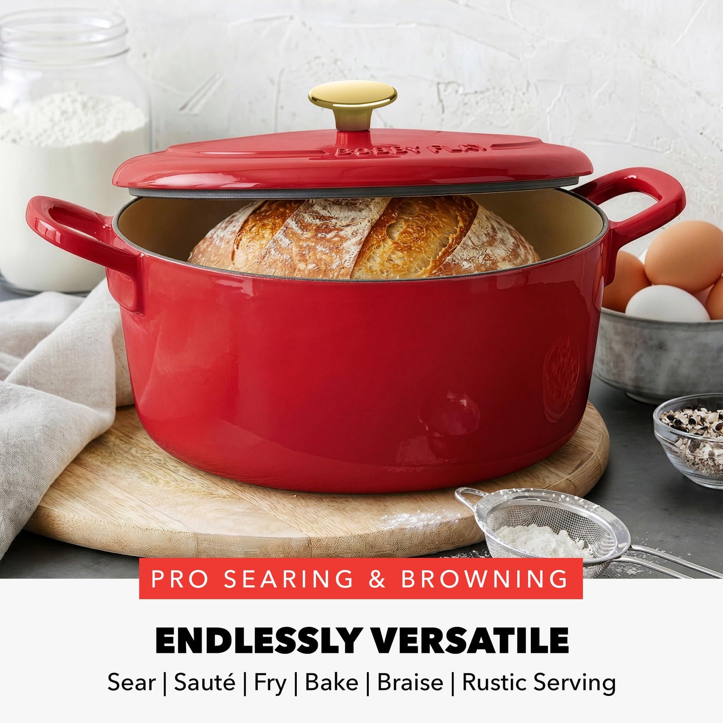 x Bobby Flay 5.5QT Enameled Cast Iron Dutch Oven With Lid (5.5QT Dutch Oven / Red)