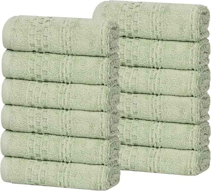 Superior Playa Zero Twist Cotton Medium Weight Small Towels, for Kitchen, Bathroom, Shower, Spa, Plush, Quick Dry, Ultra-Soft Essentials, Waffle Textured, Face Towels Washcloths, Set of 12, Green
