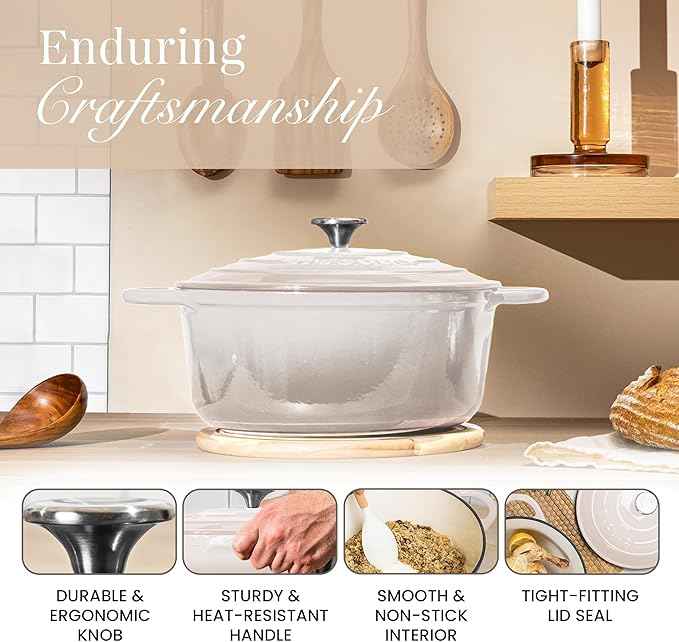 Nuovva Enamelled Cast Iron Dutch Oven Pot with Lid 6.4 Quart Non Stick Casserole Pot – Heavy Duty & Oven Safe up to 500° F for Bread Baking, Braising, Stews, Roasting – 28cm Oyster