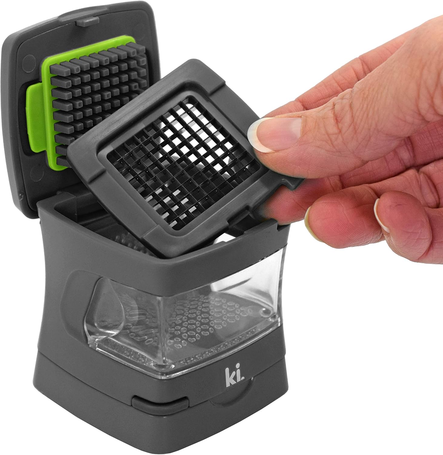 Garlic-A-Peel Garlic Press, Crusher, Cutter, Mincer, and Storage Container - Includes Silicone Garlic Peeler - Easy to Clean - Stainless Steel Blades – (Grey), standard - HomeSpice
