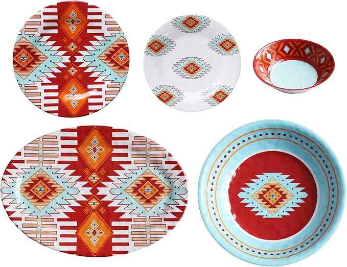 Paseo Road Southwest 14 Piece Melamine Plastic Dinnerware Set with Plates, Bowls and Serving Platter, Aztec Geometric Pattern, Western Southwestern Rustic Cabin Lodge Style