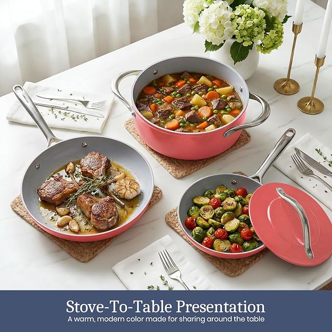 CookinCraze Ceramic Cookware Set, Pots and Pans Set Nonstick with Lid PFAS & PFOA Free, Induction Compatible Oven Safe Up to 500°F Even Heat Distribution, Coral Red