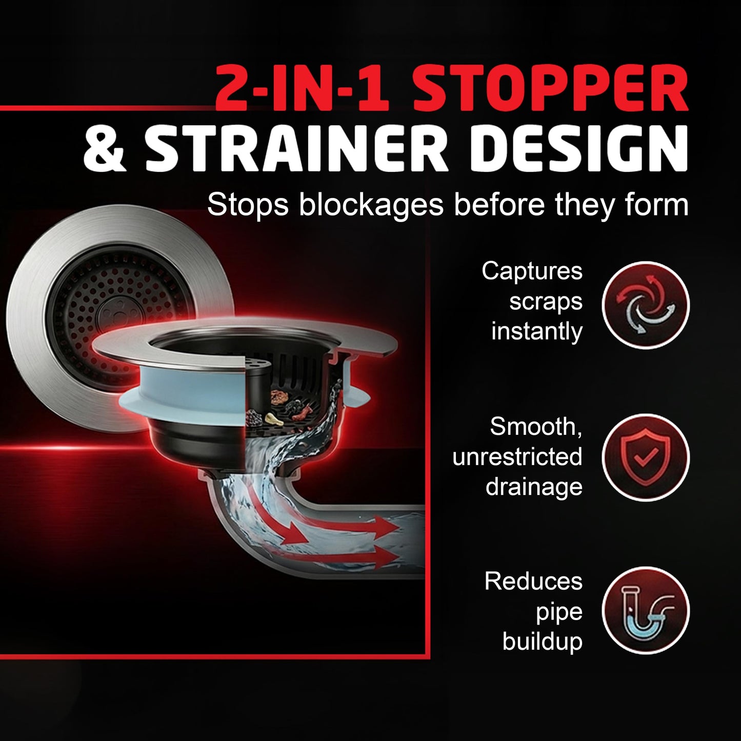 Kitchen Sink Drain Strainer (1-Pack / Built in Stopper (2-in-1))