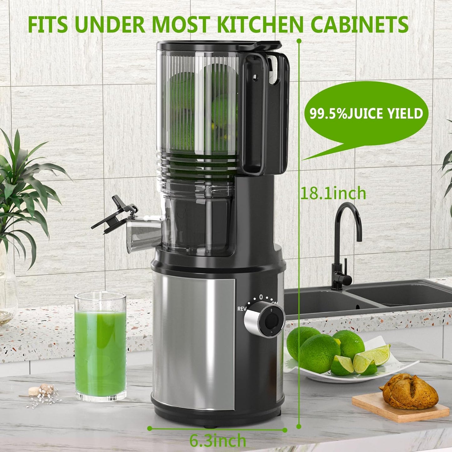 Cold Press Juicer – 6.5" Extra Large Feed Chute Fit Hands-Free Electric Masticating Juicer Machine, 350W Slow Masticating Juicer Machine for Whole Fruit and Vegetables – Easy Cleanup & Assembly