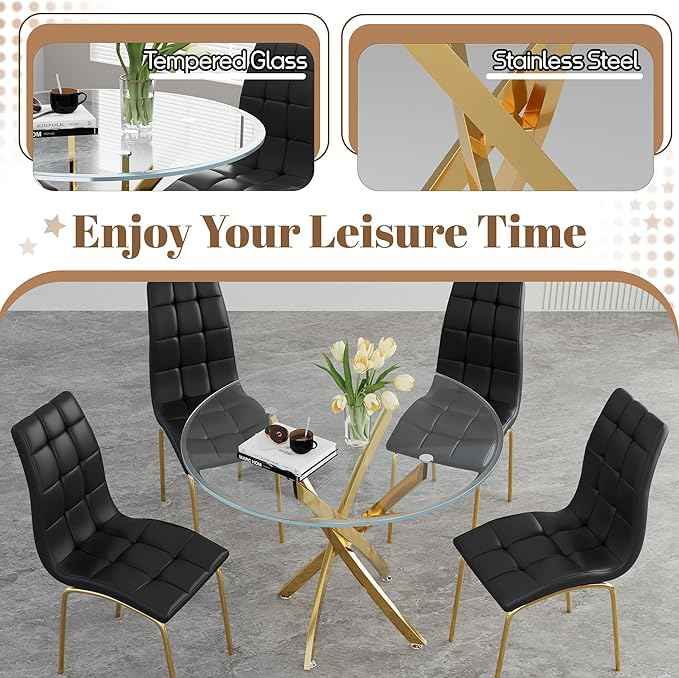 5 Piece Round Glass Dining Table Set, Round Tempered Glass Kitchen Table Set for 4, Modern Table Set with 4 High-Back Upholstered Chairs for Kitchen Dining Room (Gold Legs, 4 Black Chairs)