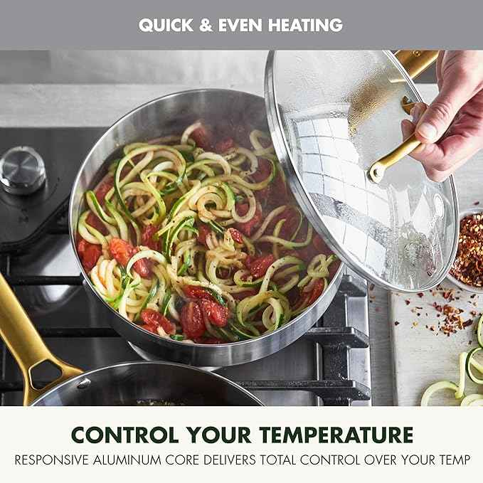 GreenPan Stainless Steel Tri-Ply Reserve 10 Piece Cookware Pots and Pans Set, Multiclad, Induction, Oven & Broiler Safe to 600°F, Heat Responsive Core, Dishwasher Safe, Glass Lids
