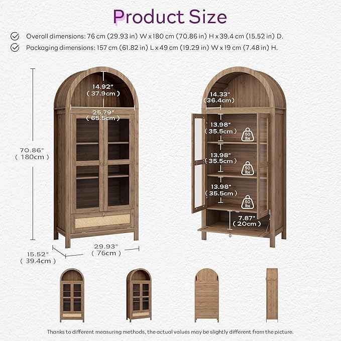TYBOATLE 71" Tall Arched Pantry Cabinet with Innovative Drawer, Kitchen Cabinet with Anti-Tipping Device and Glass Door, Versatile Cupboard for Kitchen, Dining, Natrual