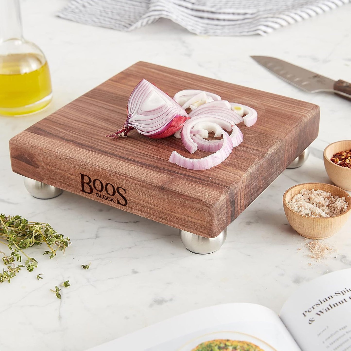 B Series Square Wooden Walnut Cutting Board 12”x12” (9"L x 9"W / Walnut with Stainless Steel Feet)