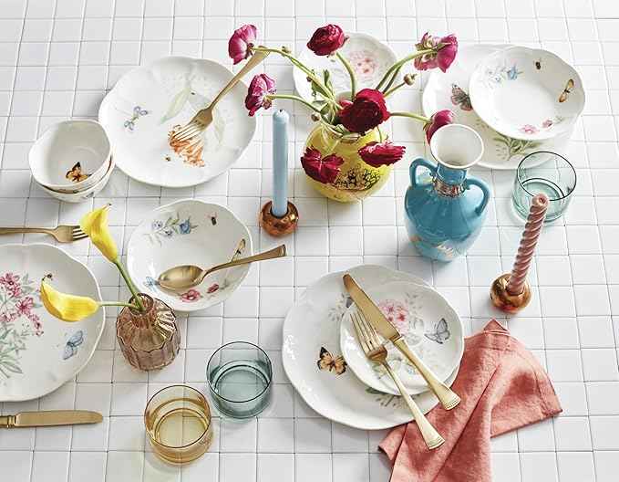 Lenox Dinnerware Set, Butterfly Meadow 28-Piece Set, Service For 4, Porcelain Plates With Scalloped Edges, Plates And Bowls Sets, Microwave Safe, Dishwasher Safe, Home & Kitchen (28 Piece, Assorted)