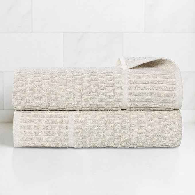 Superior Juno Viscose Cotton Blend Medium Weight Towels, for Bathroom, Shower, Spa, Plush, Quick Dry, Ultra-Soft Towels, Bath Essentials, Border Detail, Bath Towels, Set of 2, Beige