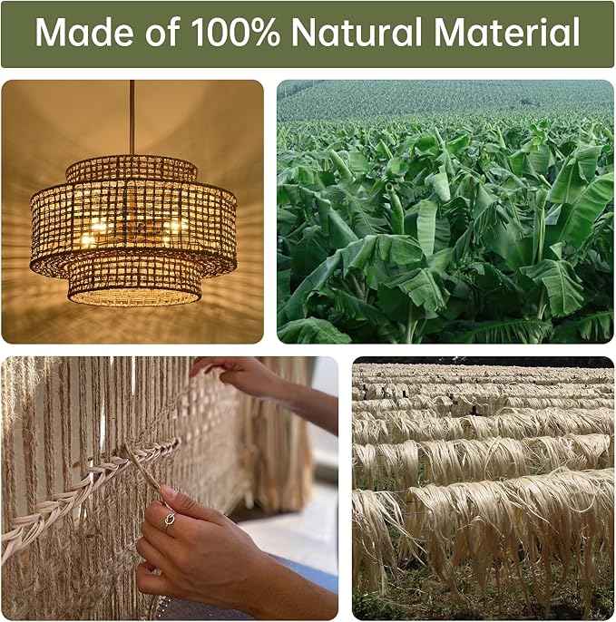 17.7” Boho Rattan Chandelier Light Fixture 4-Light Hand Woven Rustic Chandeliers with Wicker Shade, Farmhouse Chandelier Hanging Light for Dining Room Kitchen Island, Living Room, Foyer
