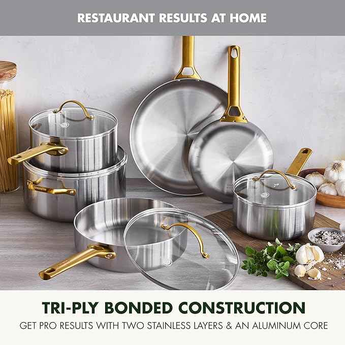 GreenPan Stainless Steel Tri-Ply Reserve 10 Piece Cookware Pots and Pans Set, Multiclad, Induction, Oven & Broiler Safe to 600°F, Heat Responsive Core, Dishwasher Safe, Glass Lids