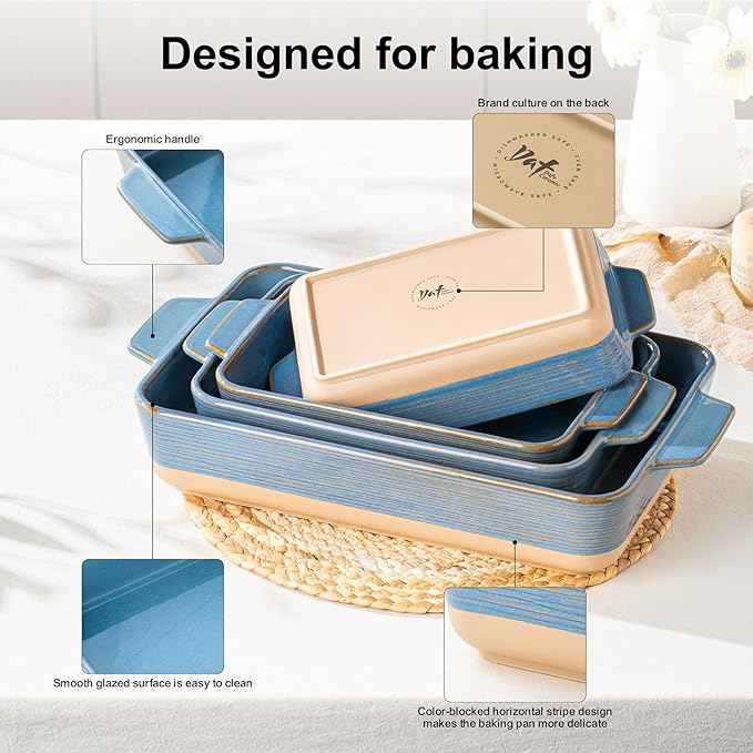 Casserole Dishes for Oven, Baking Dishes, Ceramic Bakeware Sets of 4, Rectangular Baking Pan Set with Handles for Baking, Casserole, Kitchen, Wedding Gift (Blue Yellow)