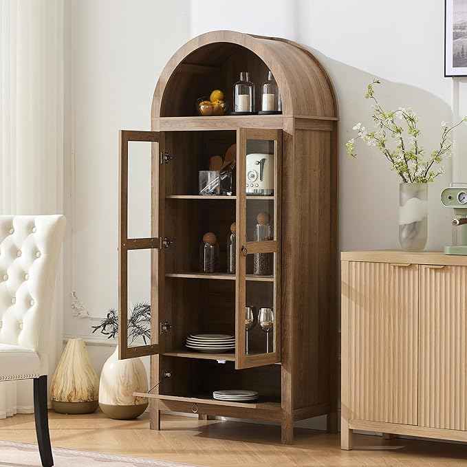 TYBOATLE 71" Tall Arched Pantry Cabinet with Innovative Drawer, Kitchen Cabinet with Anti-Tipping Device and Glass Door, Versatile Cupboard for Kitchen, Dining, Natrual