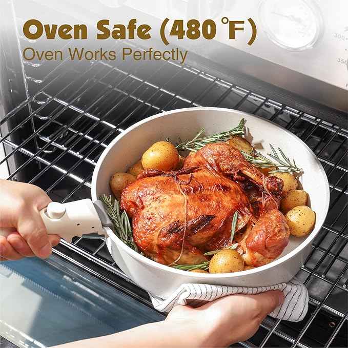 SENSARTE 17 Piece Pots and Pans Set, Nonstick Detachable Handle Cookware Set, Induction Kitchen Cookware Set with Removable Handle, Healthy Non Stick for RV, Dishwasher ＆ Oven Safe, PFOA Free (White)
