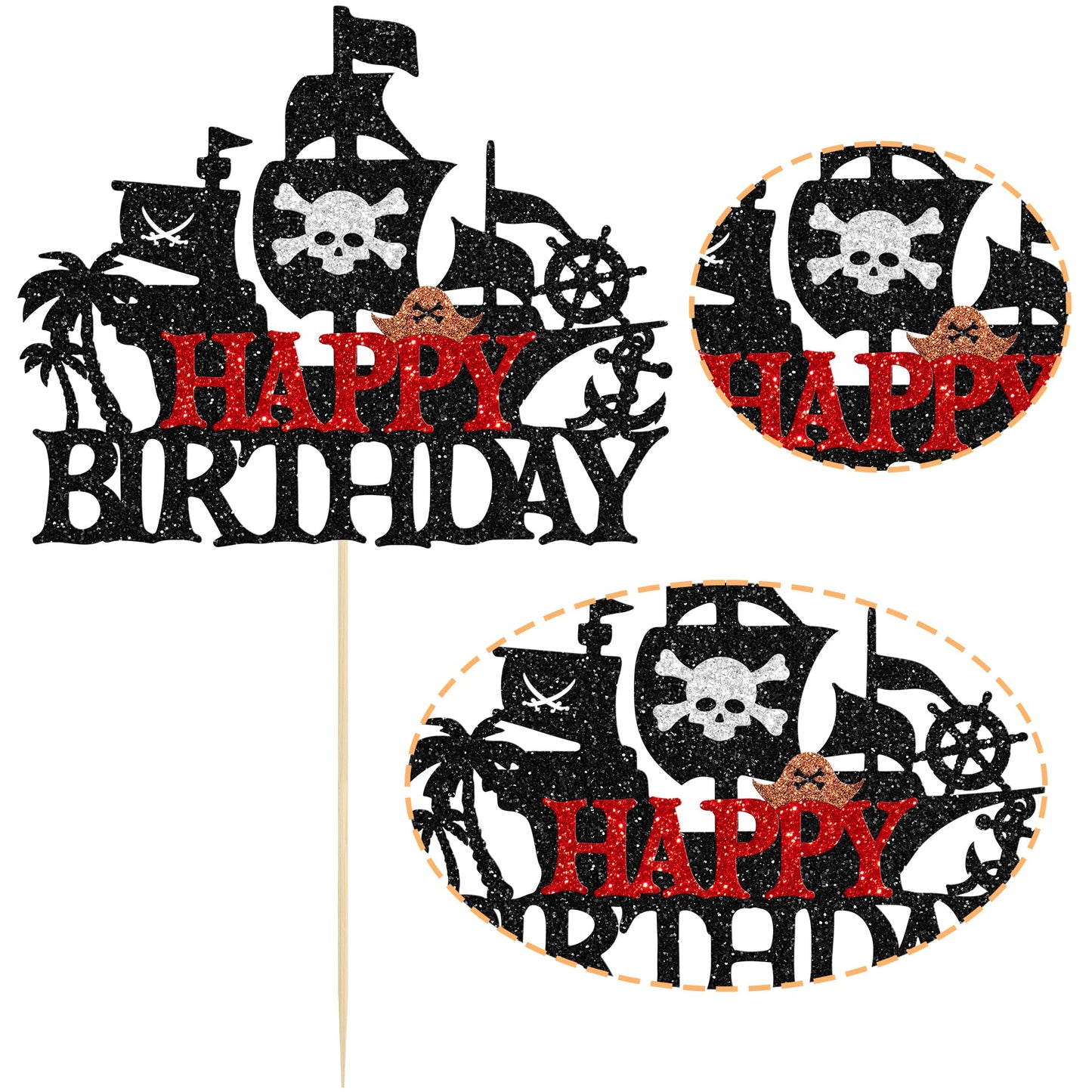 1Pcs Pirates Happy Birthday Cake Topper Pirate Ship Nautical Cake Pick for Pirates Theme Baby Shower Birthday Party Cake Decorations Supplies Red (Red 5)