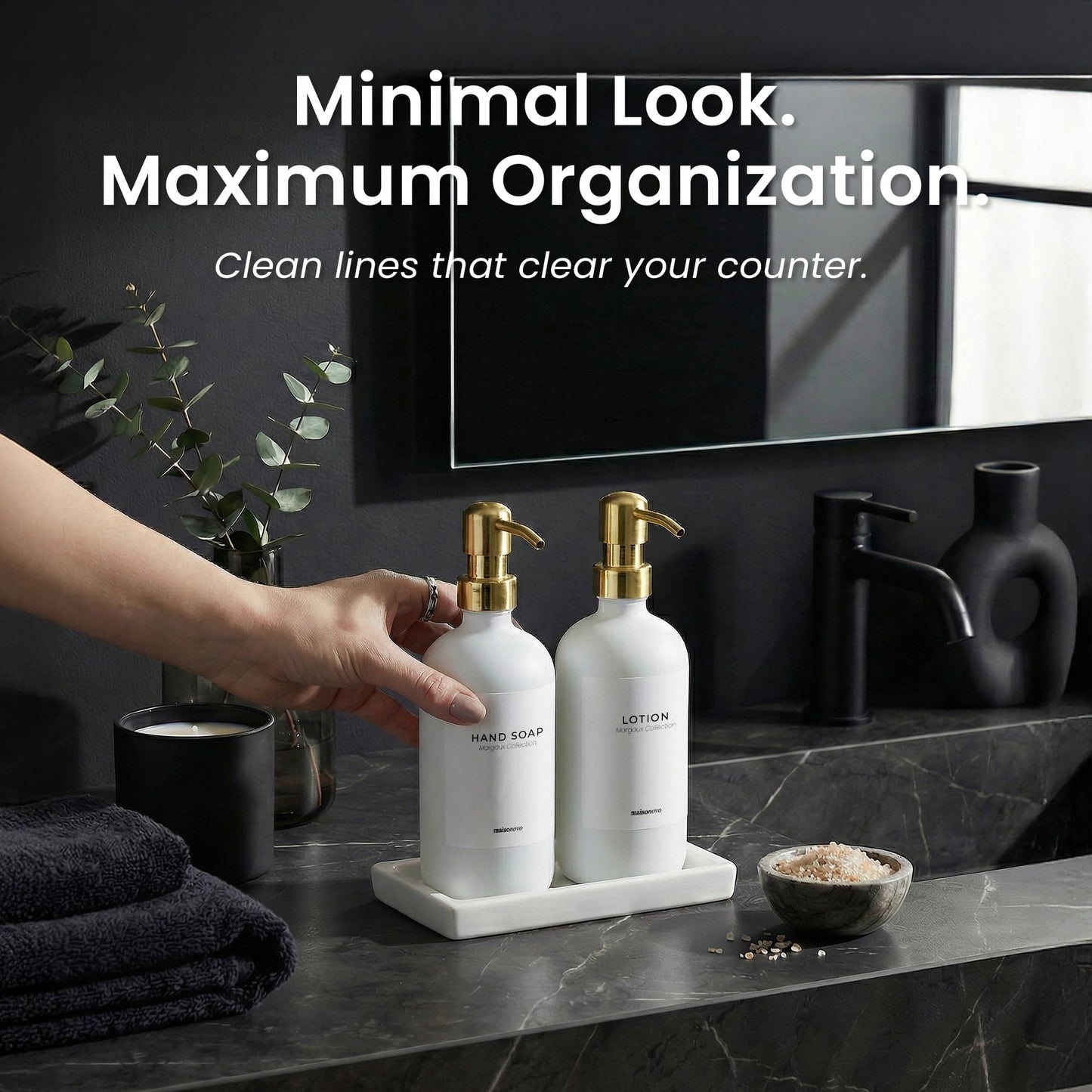 Bathroom Soap Dispenser Set (White Bottles Golden Pumps White Tray)