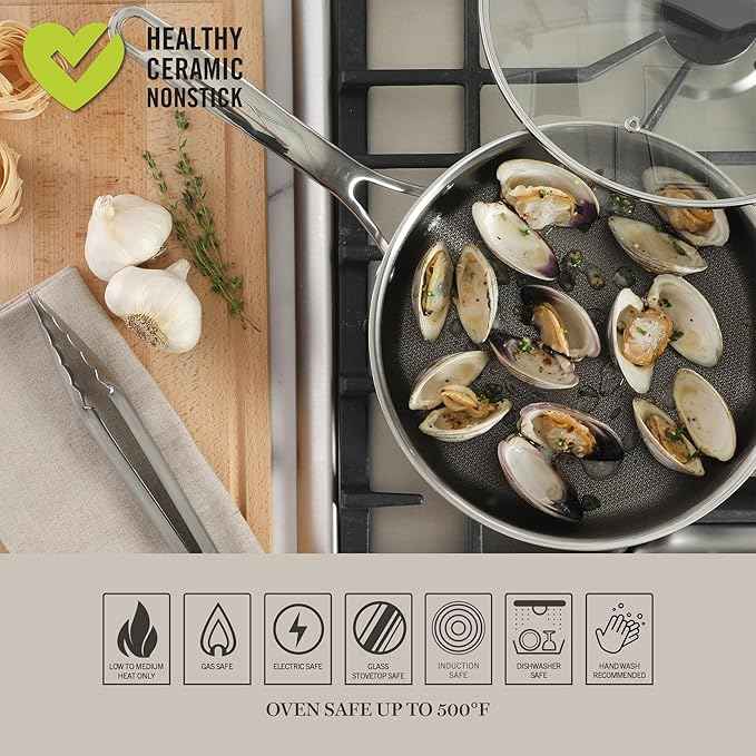 Martha Stewart Badgley Hybrid Nonstick 10 Piece TriPly Stainless Steel Pots and Pans Non-Toxic Kitchen Cookware Set - Laser Etched Perfect Sear Nonstick W/Stay Cool Handle Dishwasher & Induction Safe