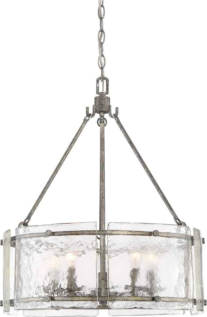 Quoizel Fortress Pendant Lighting, 21 Inch 5-Light Mottled Silver Drum Light, Max Adjustable Height 77", Textured Glass Pendant Light for Kitchen Island, Dining, Hallway or Bedroom