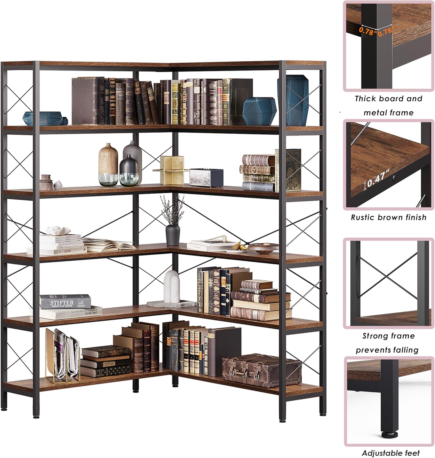 6-Shelf Corner Bookshelf, Vintage Industrial L Shaped Bookshelf Etagere Bookcase, Corner Shelf with Metal Frame Open Storage Rack Corner Book Shelf for Home Office Living Room (Retro Brown)