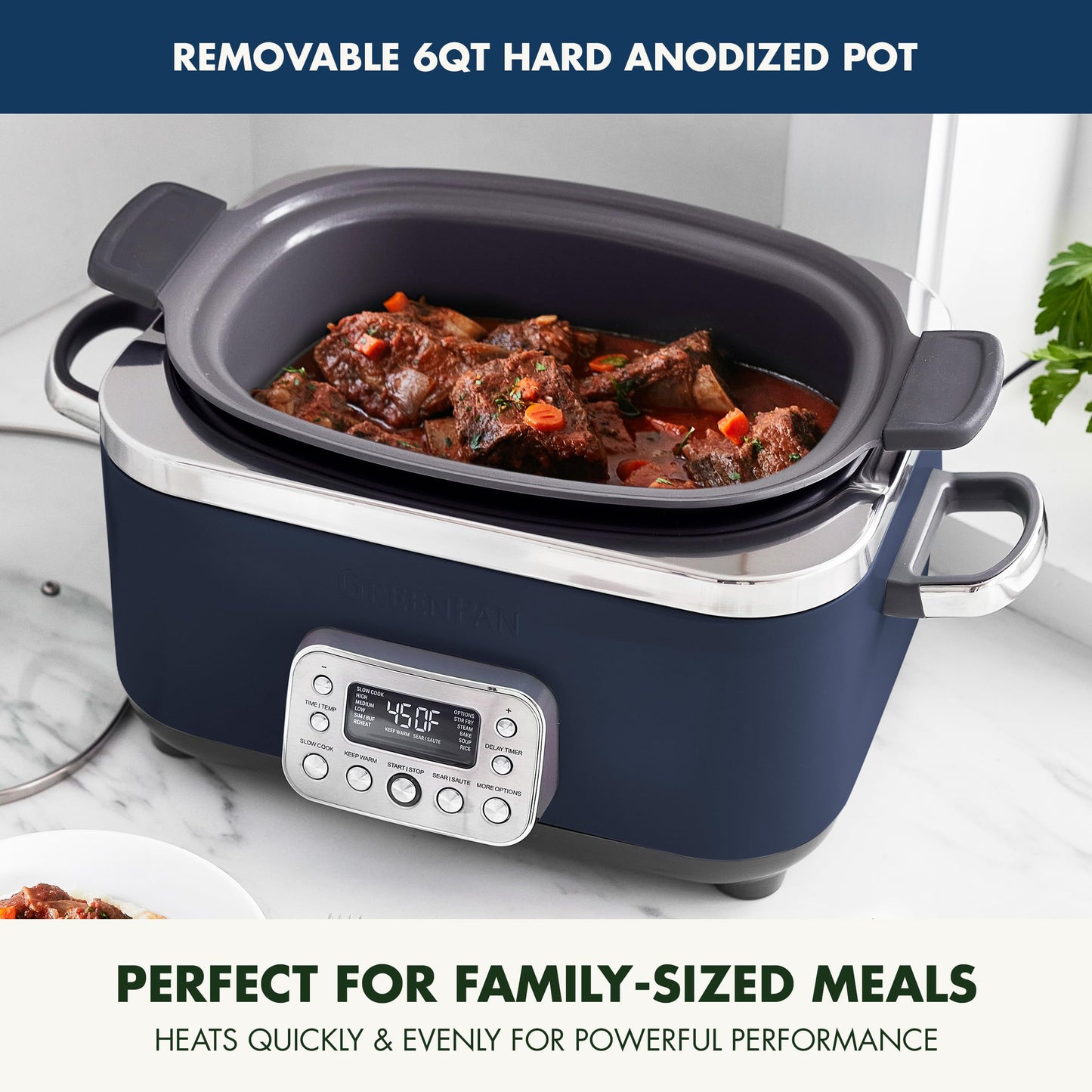 Elite 14-in-1 Nonstick 6QT Electric Slow Cooker, PFAS-Free Ceramic Multi-Cooker, In-Pot Browning, Dishwasher Safe Lid & Removable Crock, Stainless Steel Steamer, Silicone Handles, Oxford Blue (6 Quarts / Oxford Blue)