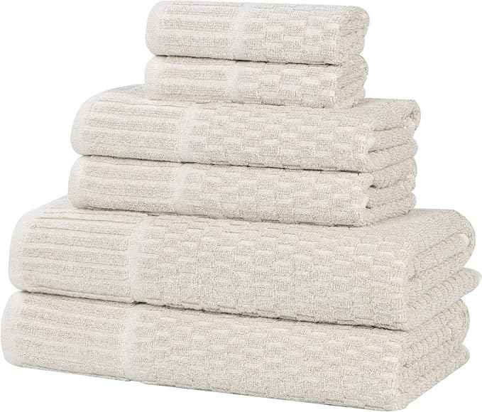 Superior Juno Viscose Cotton Blend Medium Weight Towels, for Bathroom, Shower, Spa, Plush, Quick Dry, Ultra-Soft Towels, Bath Essentials, Border Detail, 6 Piece Assorted Towel Set, Beige