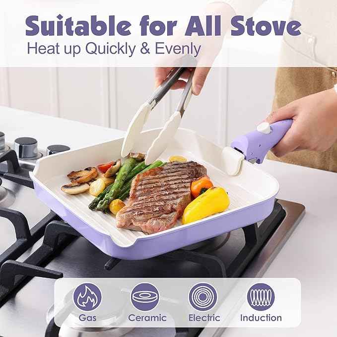 SENSARTE 17 Piece Ceramic Pots and Pans Set, Nonstick Detachable Handle Cookware, Induction Kitchen Cookware Set with Removable Handle, Dishwasher ＆ Oven Safe (Purple)