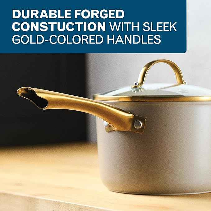 Farberware Forged Induction Ceramic Nonstick Pots and Pans Set with Cooking Tools, Dishwasher Safe, Gold Color Stainless Steel Handles, 12 Piece Cookware Set - Taupe