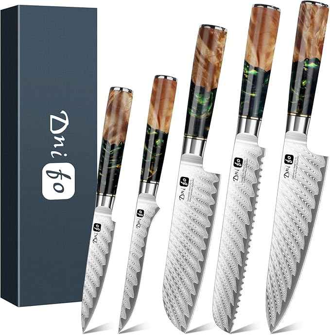 5 Pieces Damascus Knife Set, Japanese Chef Knife Set with Galaxy Pattern Resin Handle, 67-Layers Damascus Steel, Gift Box Included 5" Paring, 6" Boning, 7" Santoku, 8" Chef & 8" Bread Damascus Knives